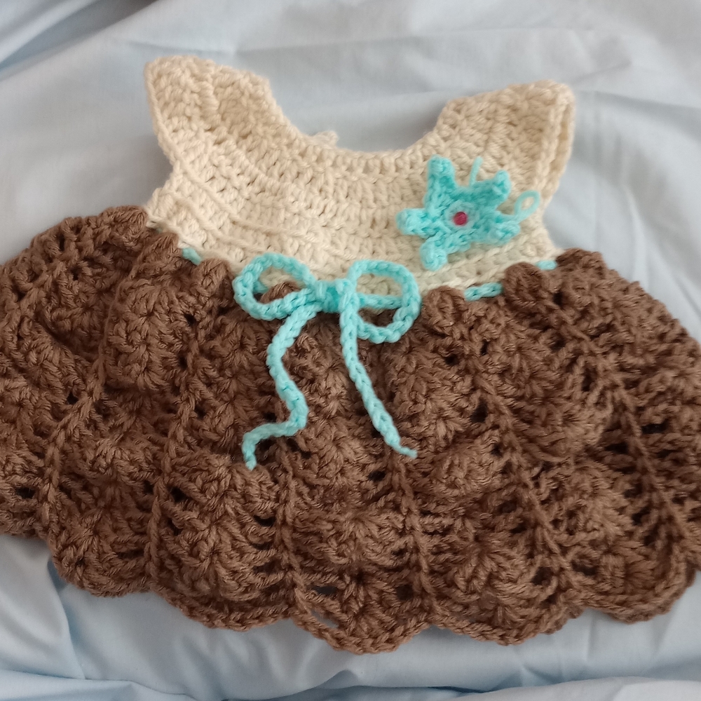 BABY DRESS HAND CROCHET NEW. CREAM, GRAY/BROWN, AQUA EMBELLISHMENT